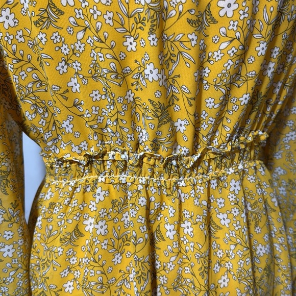 Max Studio Floral Mini Dress Yellow Chiffon Long Sleeve Ruffles V-Neck size L - Picture 4 of 10